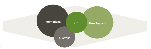 diagram our our eco system: with the words: International, Australia, XRB, New Zealand